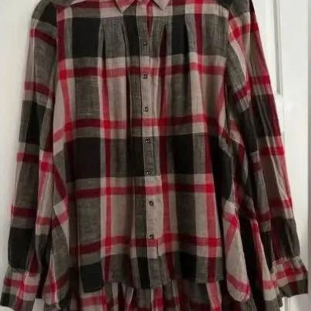 Anthropologie Free People “Preppy in Plaid” Ruffle  Hem Button Down Top B#1